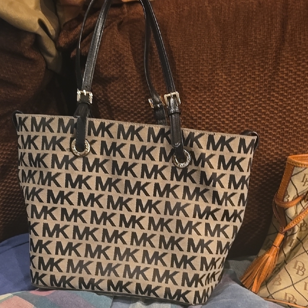Michael Kors Black and Tan Monogram Tote